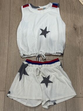 Vintage Havana White Star Terry Tank Shorts Set Red & Blue Trim, Girls Sz M